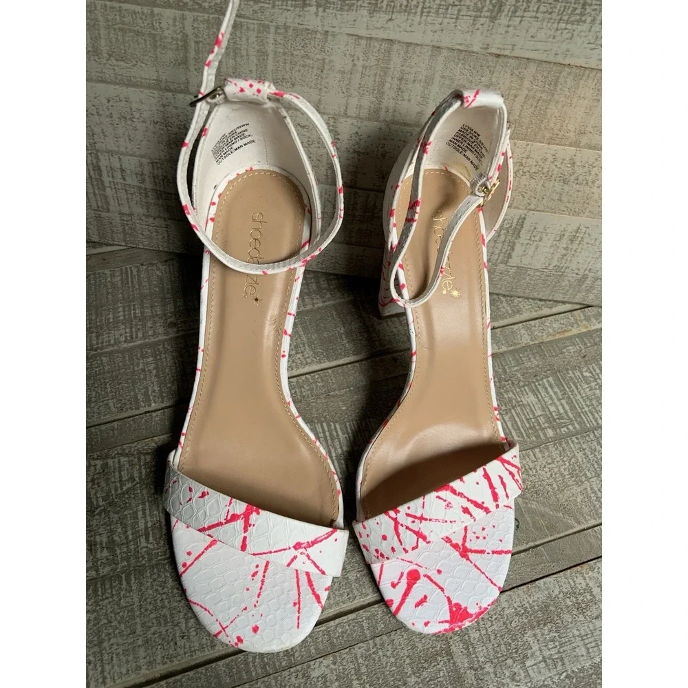 Shoedazzle Pink White Strappy Platform  High Heel Shoes Block Heels Size 8.5